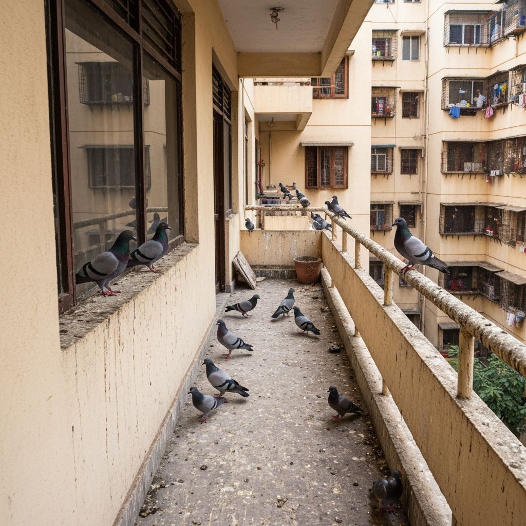 Balcony before bird net installation - pigeons and bird droppings