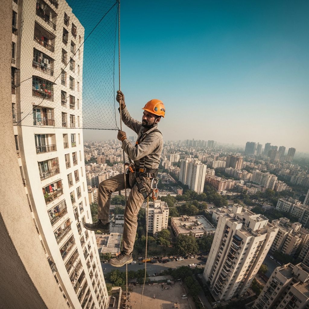 High-rise Bird Net Installation - Worker installing net in Delhi